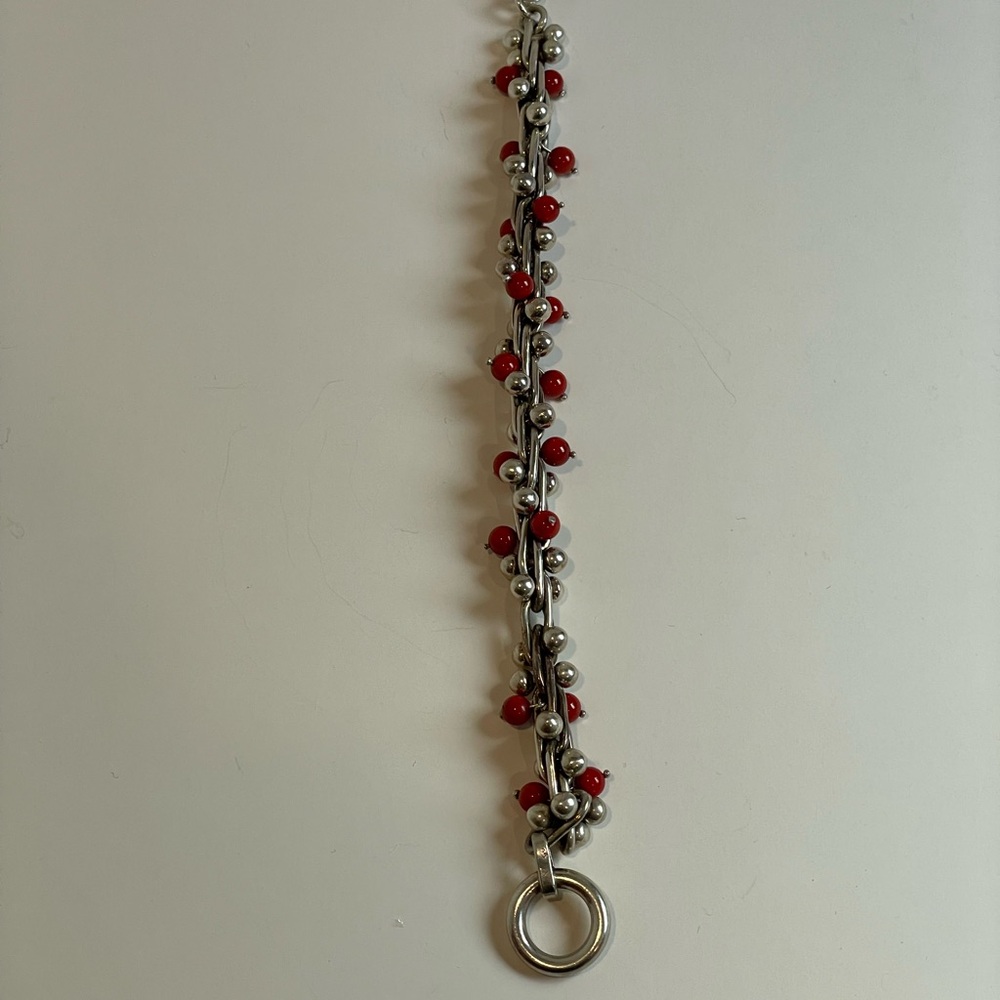 Elegant Sterling Silver and Red Beaded Bracelet